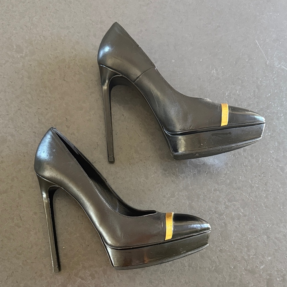 💯 AUTHENTIC Saint Laurent Black Platform Heels with Gold Trim Black Size 38.5 - Picture 10 of 12